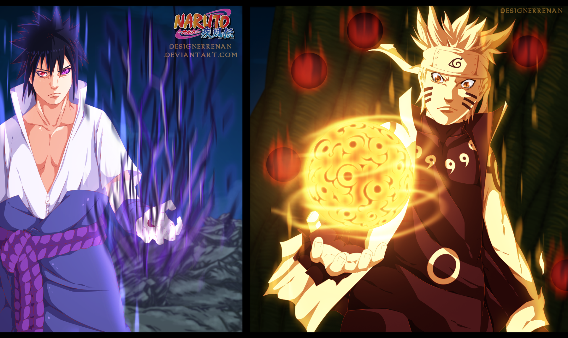 HD PC desktop wallpaper of Naruto & Sasuke: Sasuke Uchiha (left) cloaked in purple chakra, Naruto Uzumaki (right) wielding a glowing Rasengan, anime backdrop.
