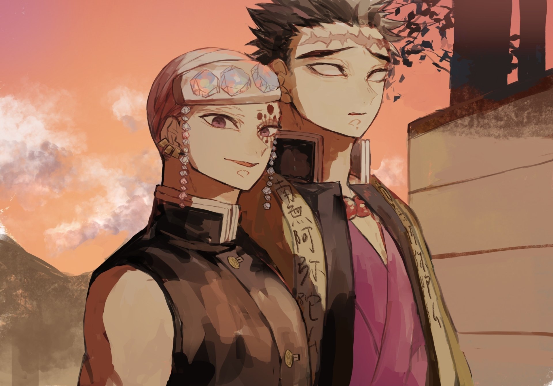 Anime 2K Quad HD PC desktop wallpaper: two Demon Slayer: Kimetsu no Yaiba characters stand side by side—one in jeweled headgear, the other stoic—posed against a warm orange sunset.