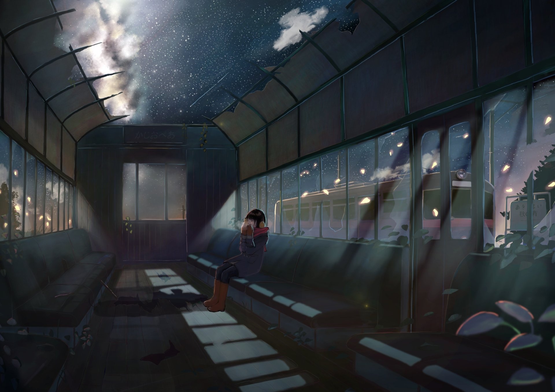 Anime-style HD desktop wallpaper of a lone figure sitting inside a train at night, illuminated by a starry sky visible through the broken roof.
