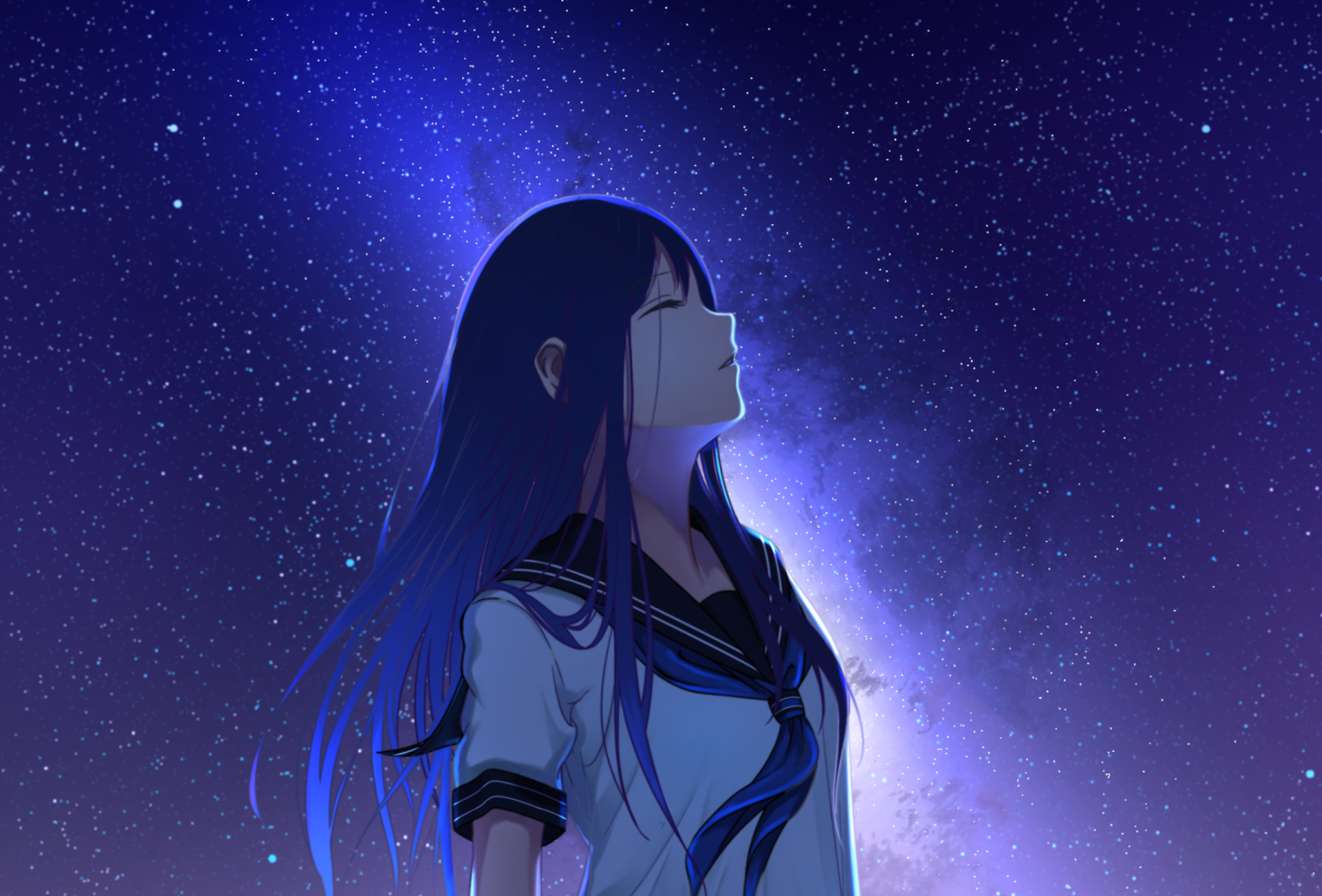 A serene anime character gazes at a starry sky, surrounded by deep blues and purples, creating a captivating HD desktop wallpaper that captures a tranquil night scene.