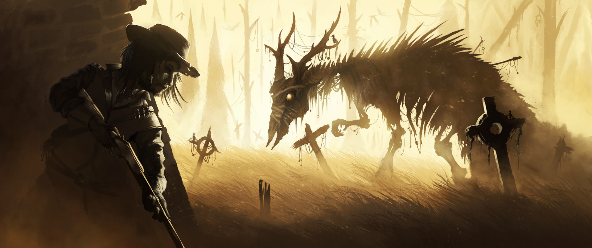 A dark, eerie graveyard scene featuring a hunter facing a menacing, skeletal creature, captured in an HD PC desktop wallpaper background.
