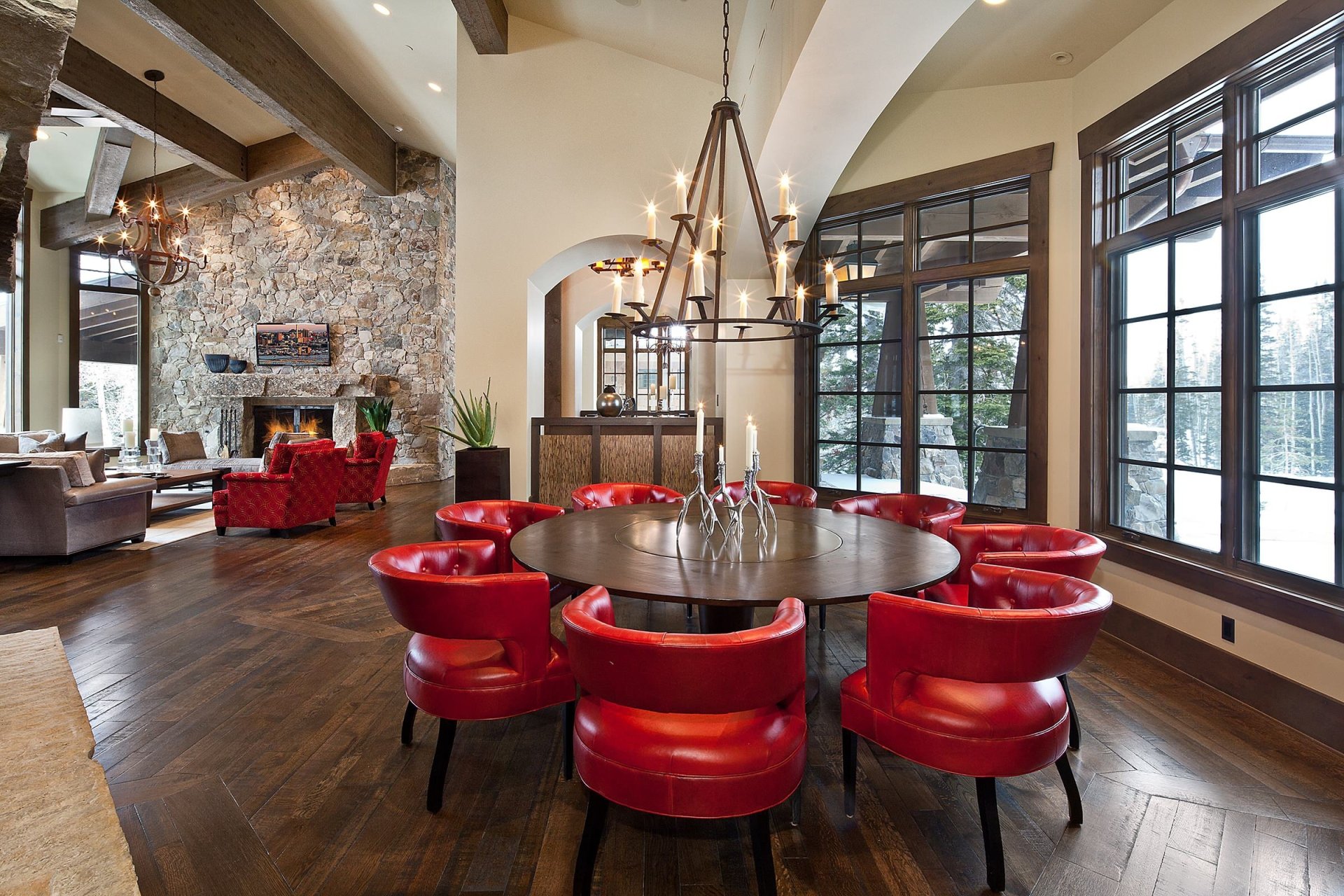 Elegant Living Room with Modern Round Table and Red Chairs – HD ...