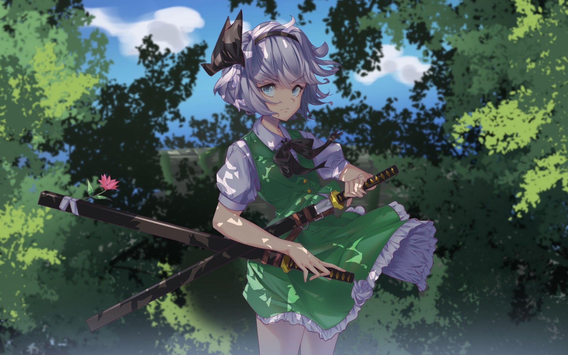HD anime wallpaper featuring Youmu Konpaku from Touhou, standing with swords amidst lush greenery under a clear sky.