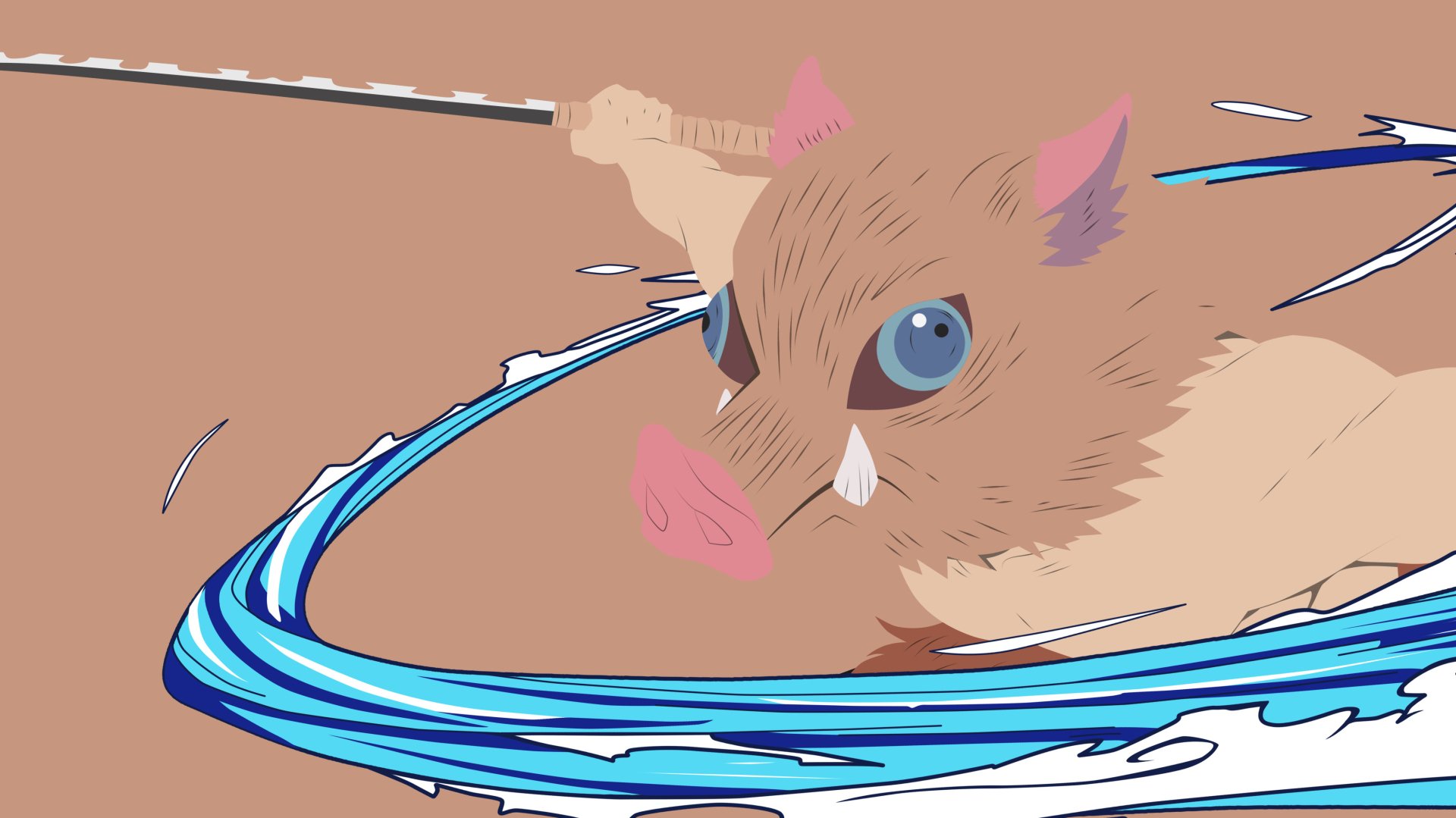 HD minimalist wallpaper featuring Inosuke Hashibira from the anime Demon Slayer: Kimetsu no Yaiba, depicted mid-action with his boar mask and sword, surrounded by a blue water effect.