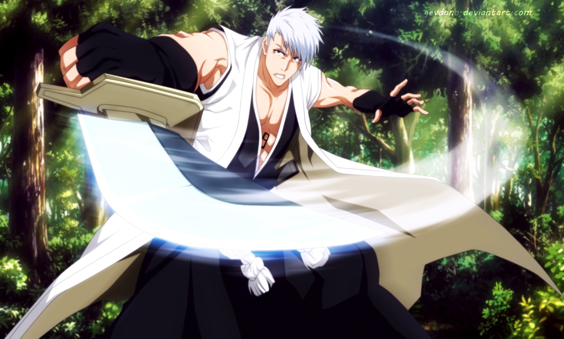 HD PC desktop wallpaper featuring Kensei Muguruma from the anime Bleach, depicted in an action pose with dynamic energy effects in a forest setting.