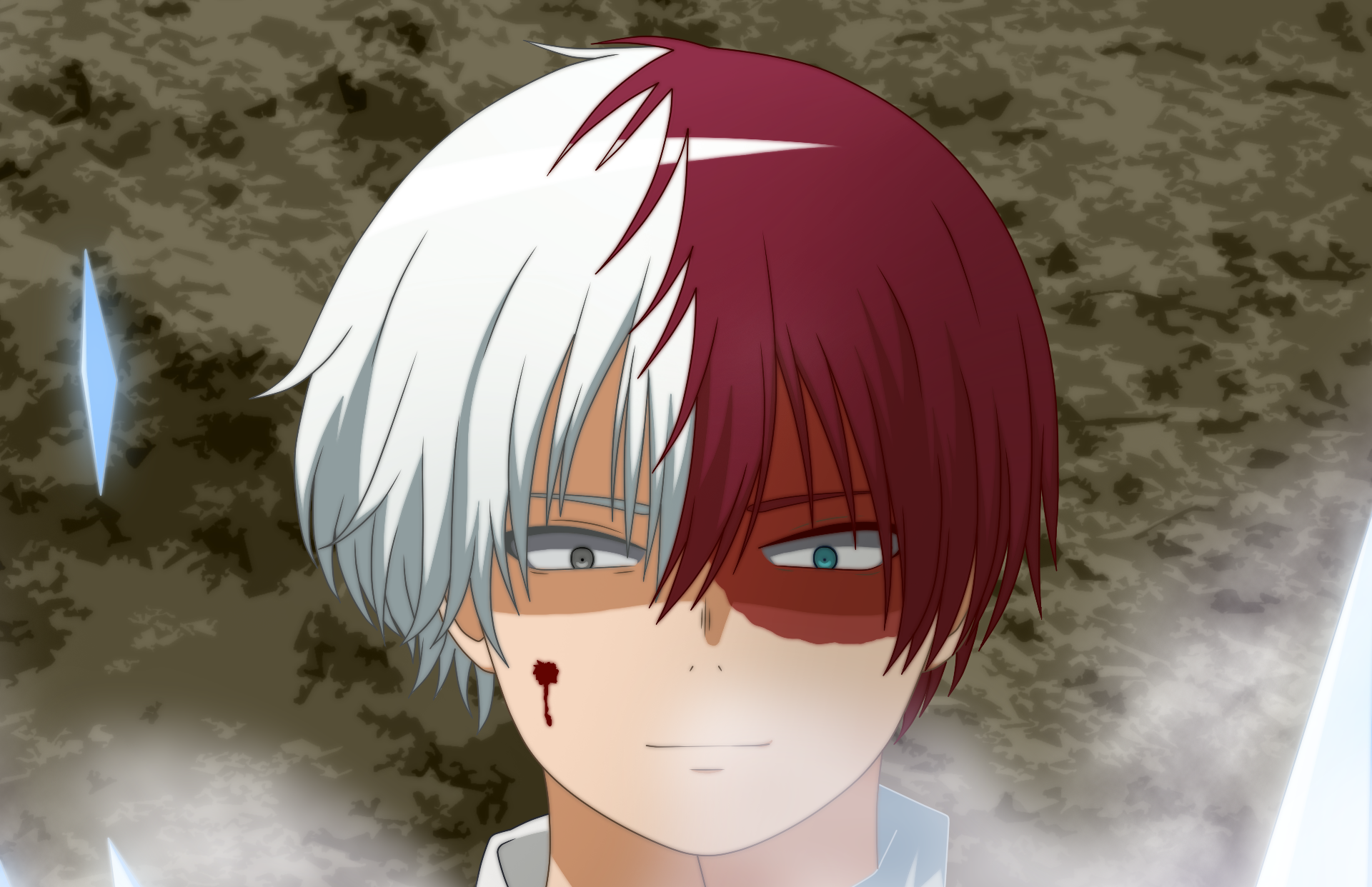 Shoto Todoroki from My Hero Academia anime, half-white half-red hair, wounded and stoic amid smoke — HD PC desktop wallpaper background.
