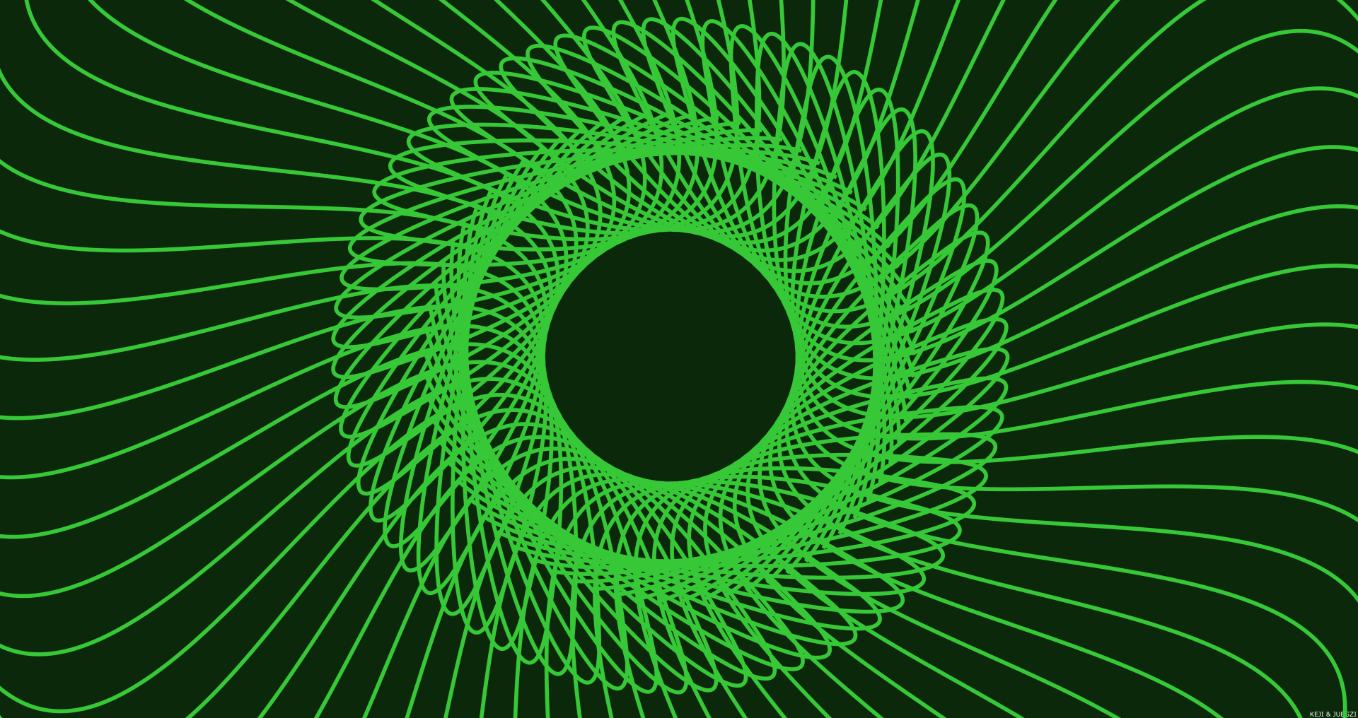 Abstract green spiral of interlacing lines forming a circular lattice on a dark background — 8K Ultra HD PC desktop wallpaper.