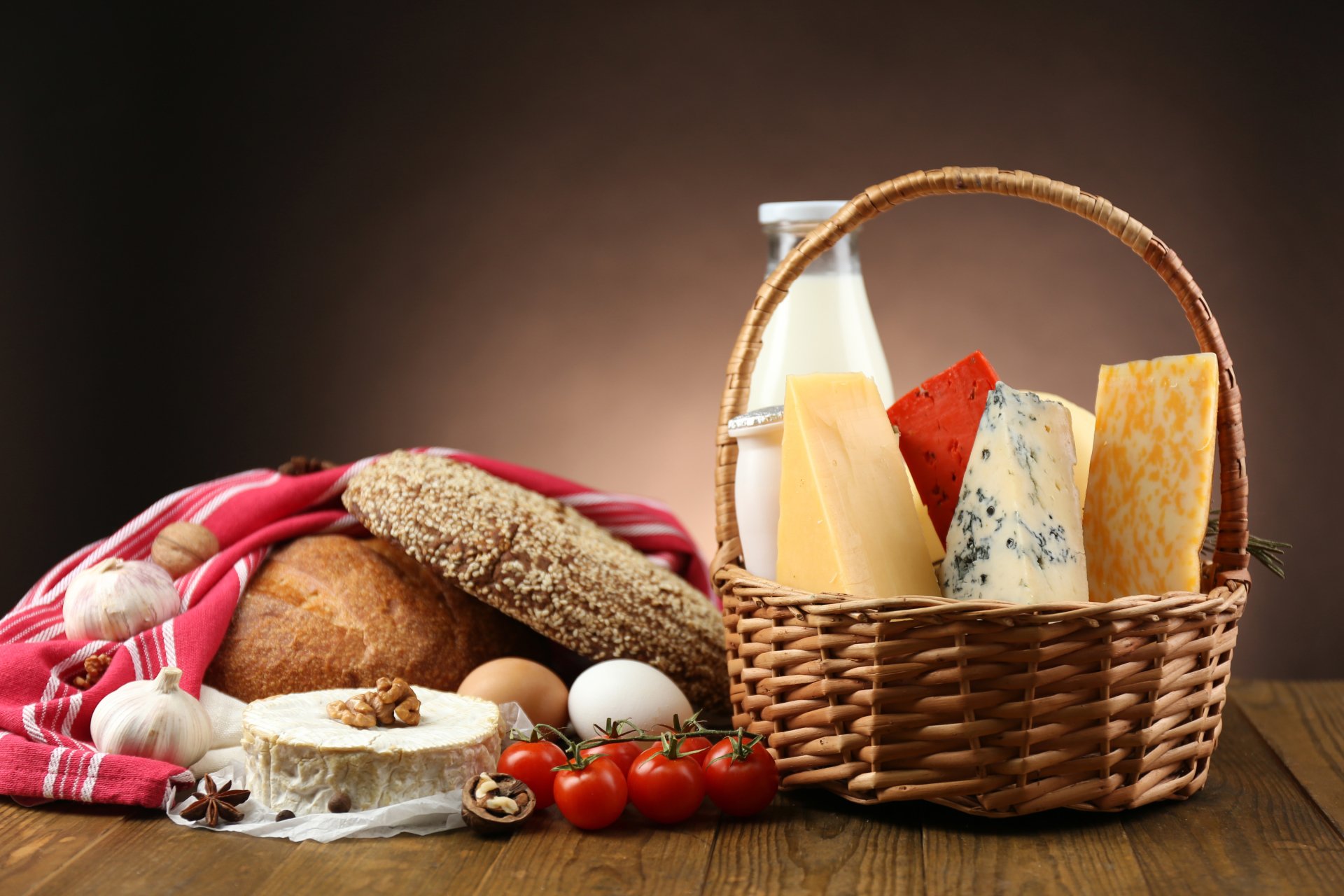 Download Walnut Milk Garlic Egg Bread Tomato Cheese Basket Food Still Life 4k Ultra HD Wallpaper