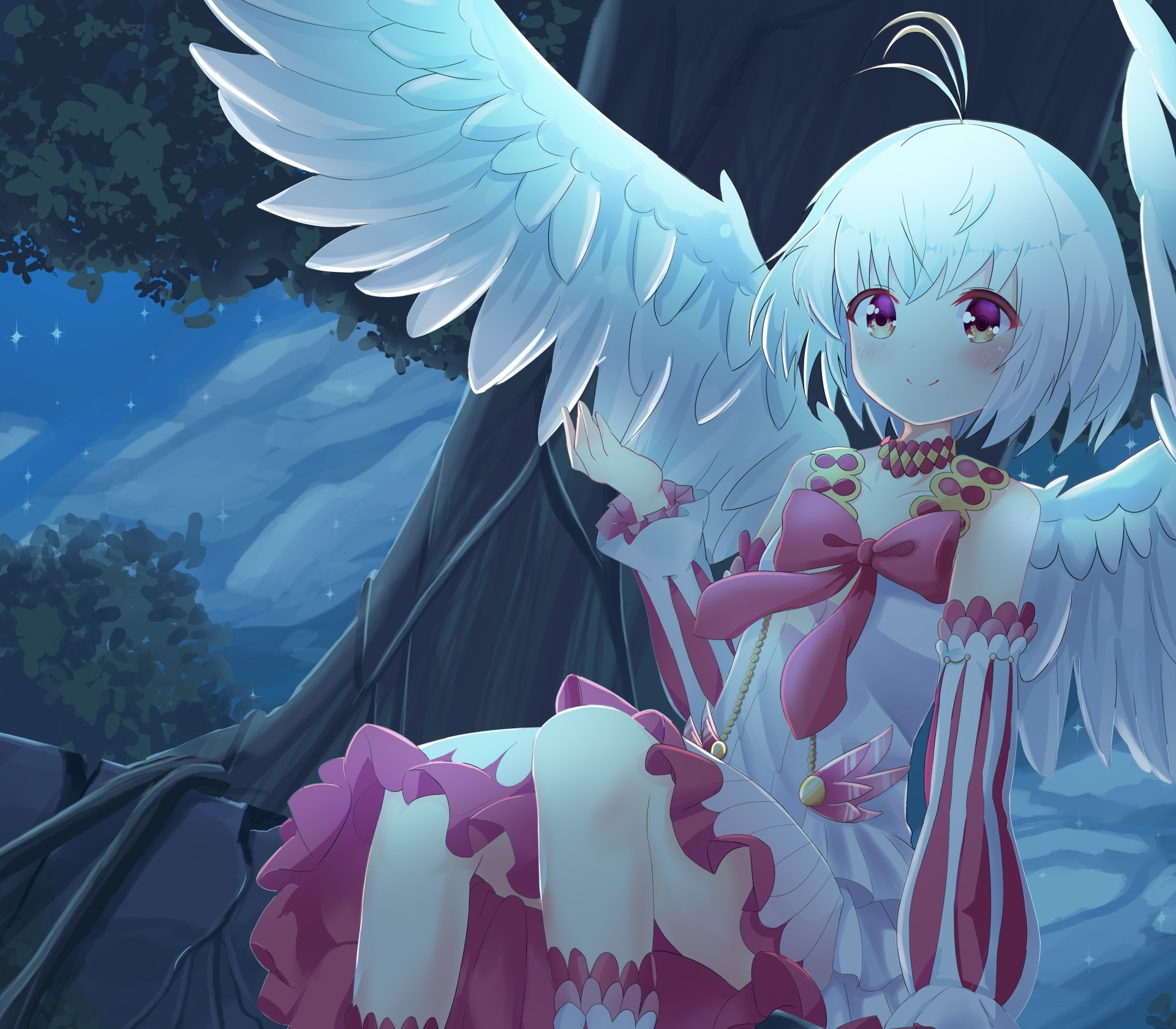 HD desktop wallpaper featuring Fitoria from the anime The Rising of the Shield Hero with a serene nighttime background. Fitoria is depicted with white wings and a charming pink and white outfit.