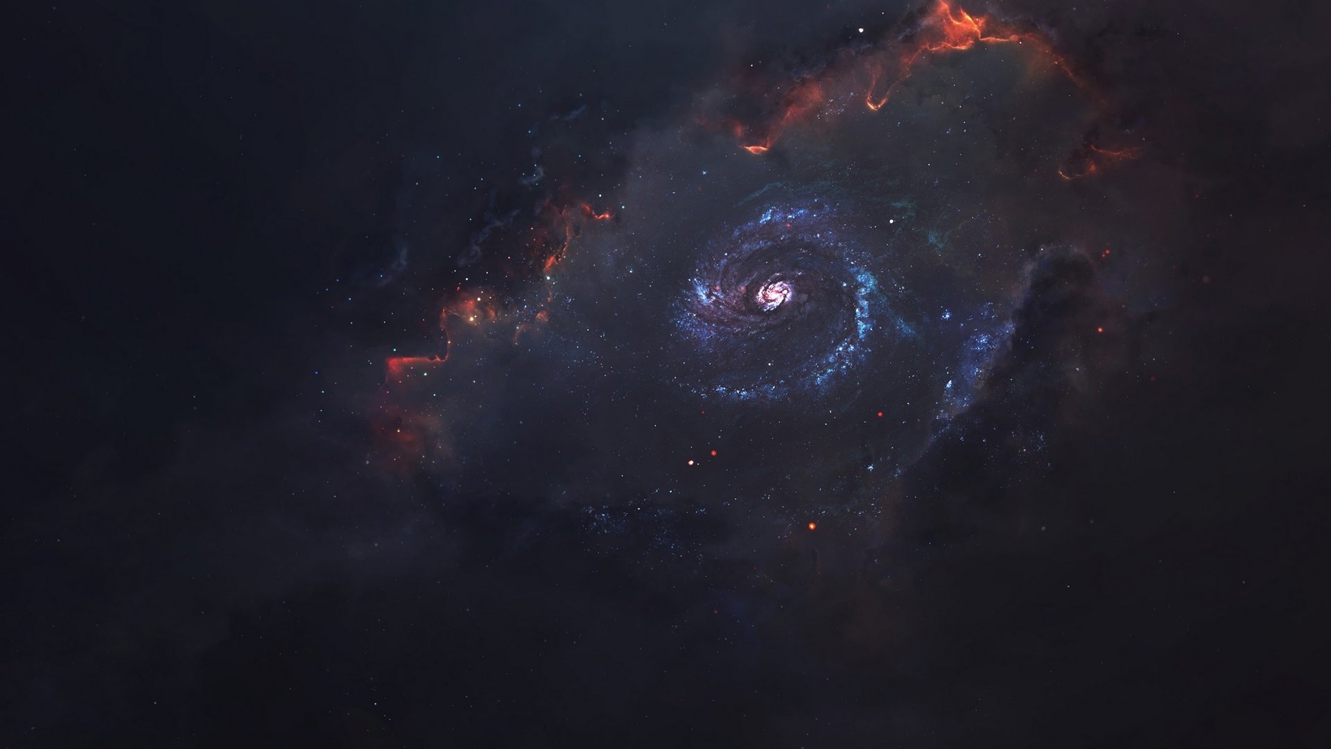 Sci-fi HD PC desktop wallpaper showing a glowing spiral galaxy at the center of dark cosmic clouds, fiery nebula edges and scattered blue star clusters as a dramatic desktop background.