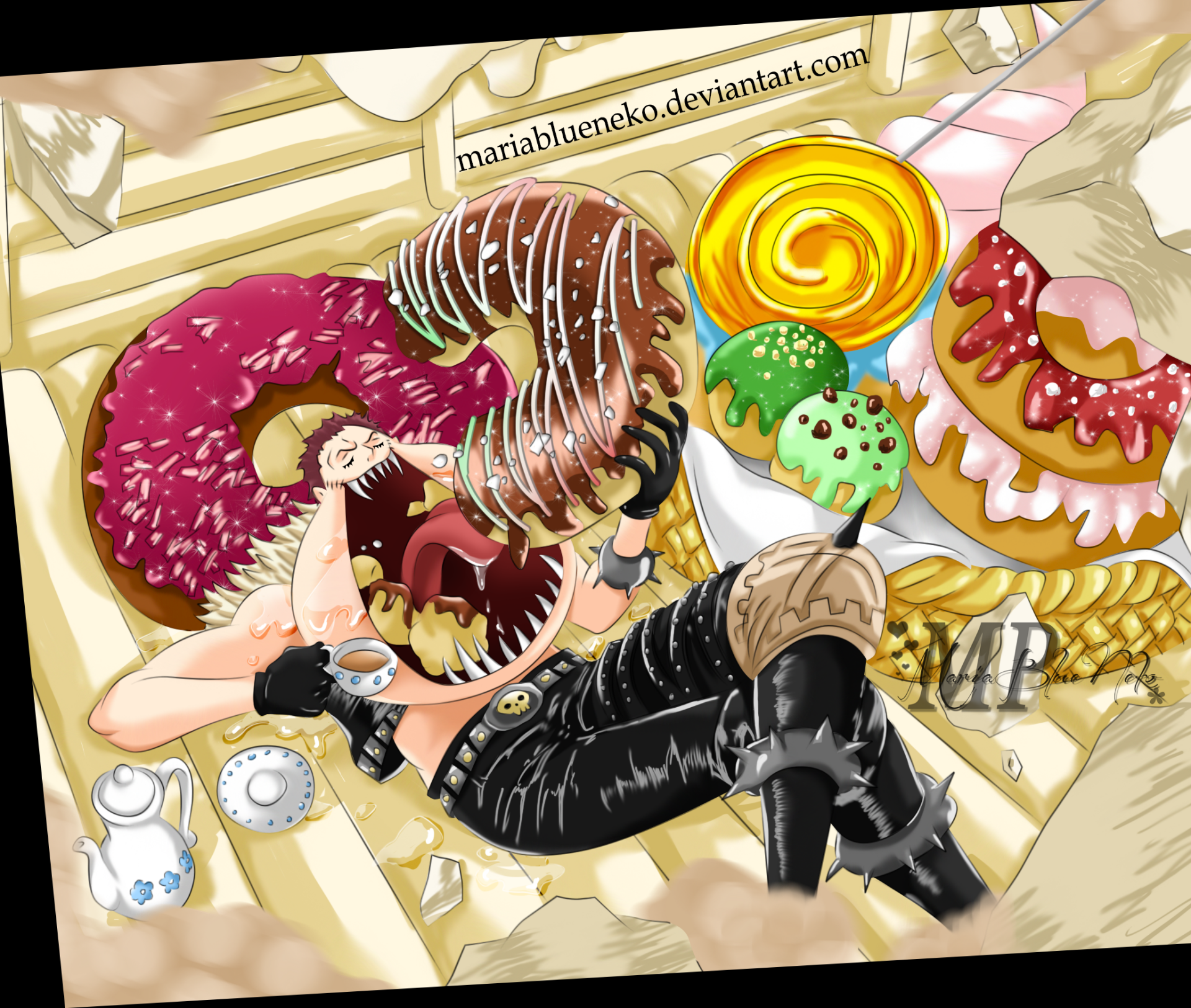 HD PC desktop wallpaper featuring Charlotte Katakuri from the anime One Piece surrounded by colorful, oversized donuts and sweets.