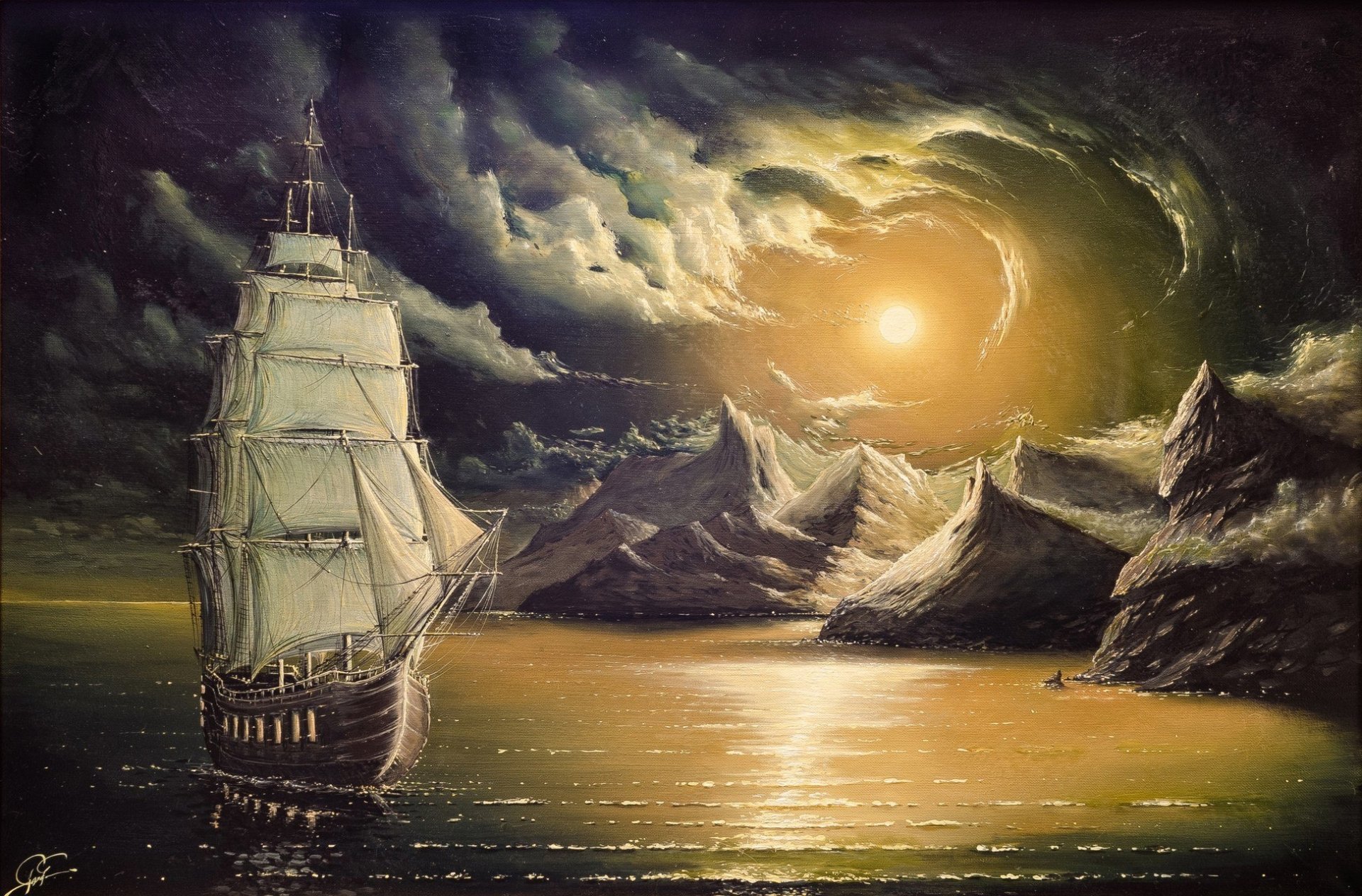 A fantasy painting of a ship sailing along a rugged coastline under a glowing sun and dramatic sky, rendered in HD for PC desktop wallpaper use.
