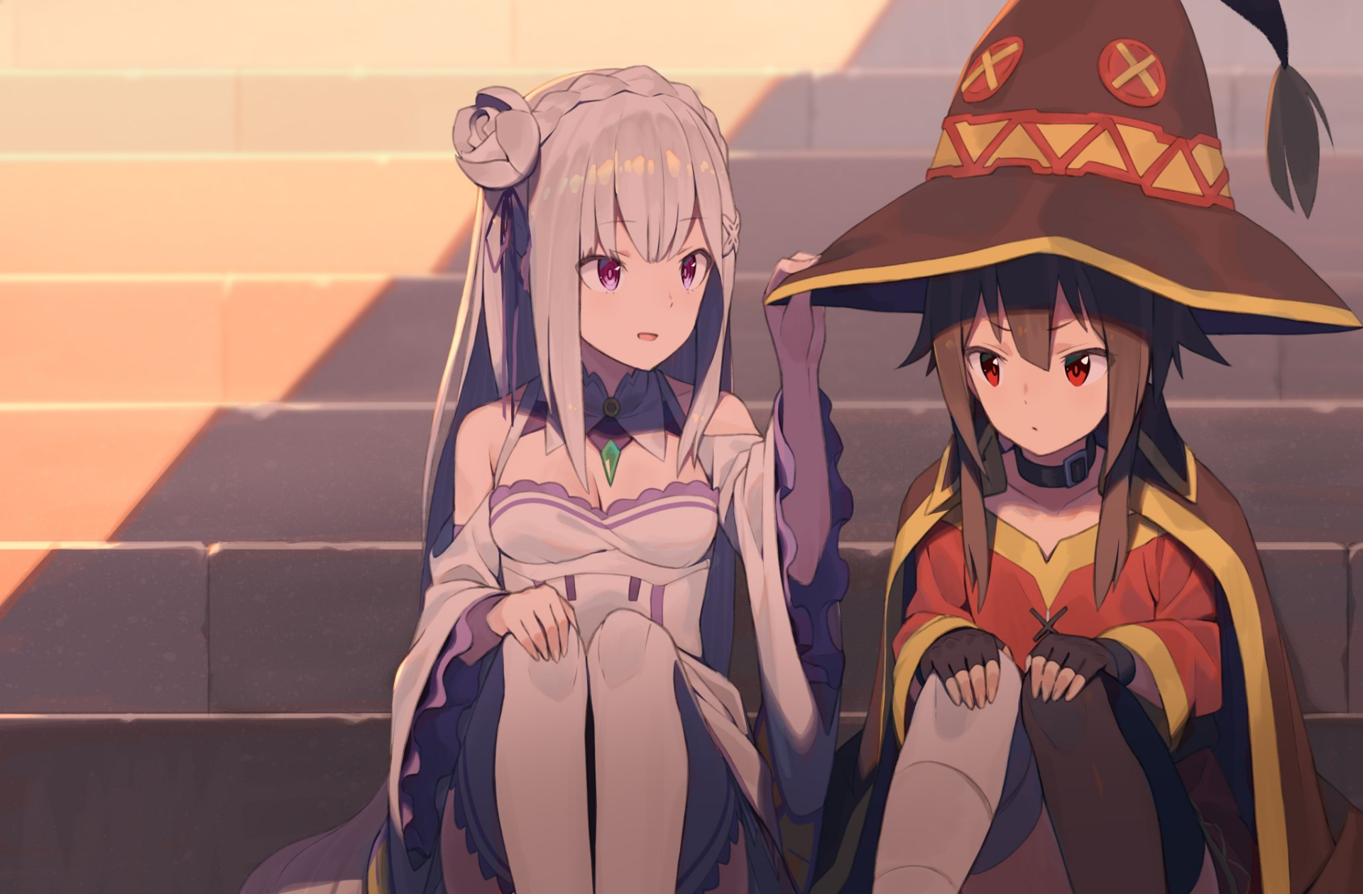 HD desktop wallpaper featuring Megumin from KonoSuba and Emilia from Re:Zero, sitting on steps in an anime crossover.