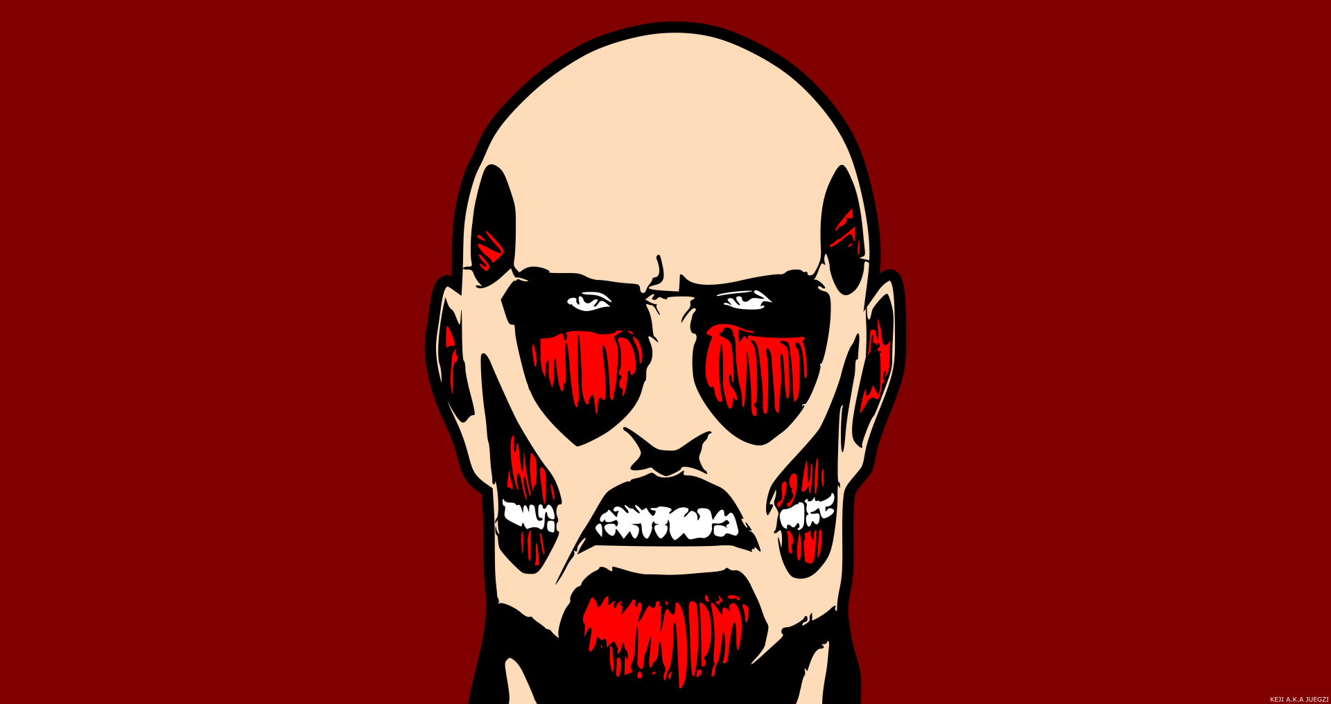 Minimalist 8K Ultra HD anime wallpaper featuring a close-up of the Colossal Titan's face from Attack on Titan, emphasizing bold red and black tones.