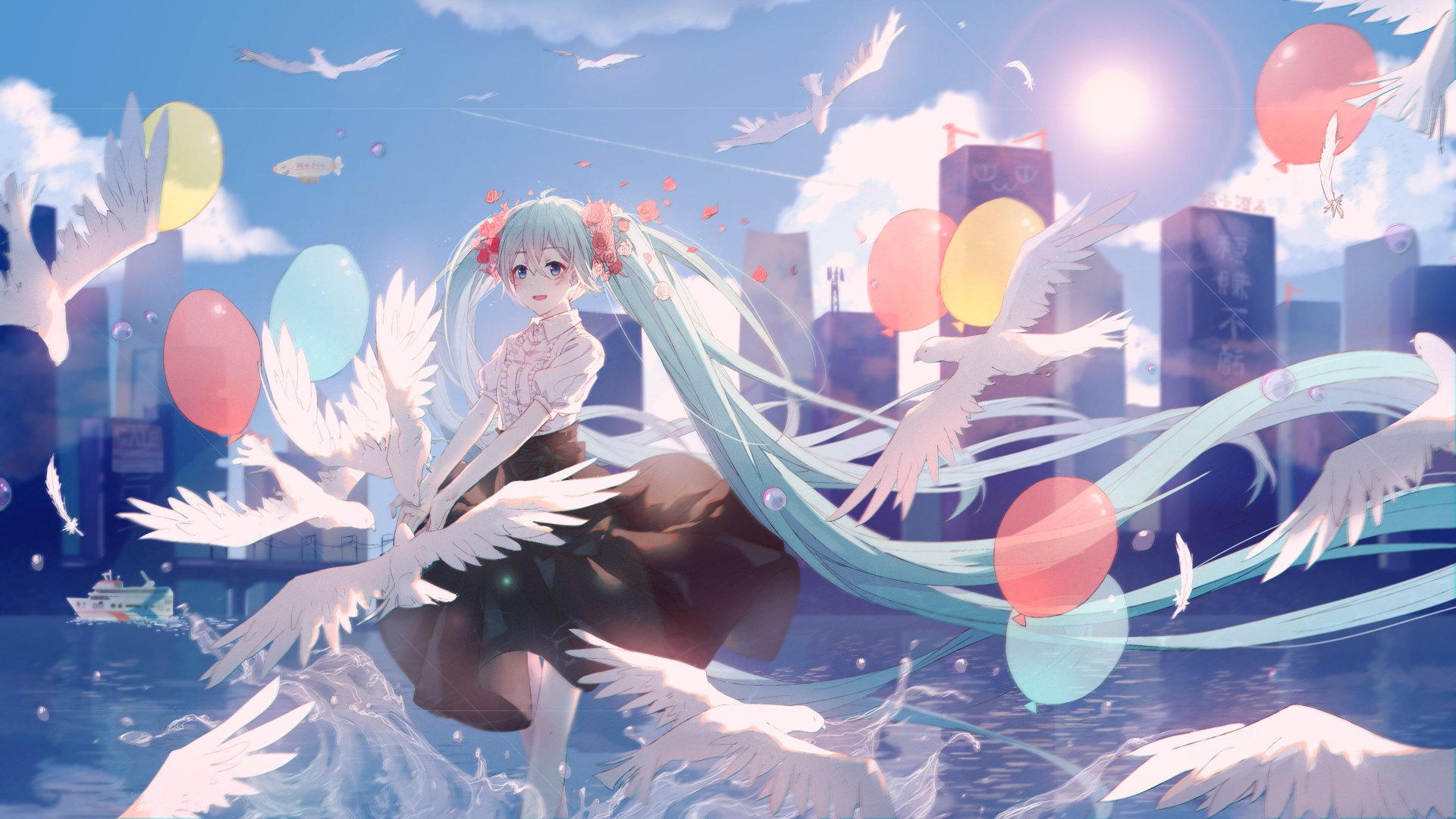 A vibrant 4K Ultra HD anime wallpaper featuring Hatsune Miku from Vocaloid, surrounded by white doves and colorful balloons against a bright cityscape background.
