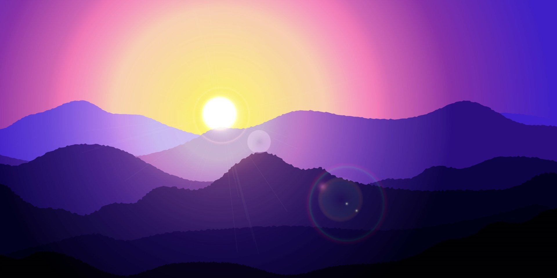 Artistic HD PC desktop wallpaper featuring a vibrant sunset over layered mountain silhouettes with the sun glowing against a pink and purple sky.