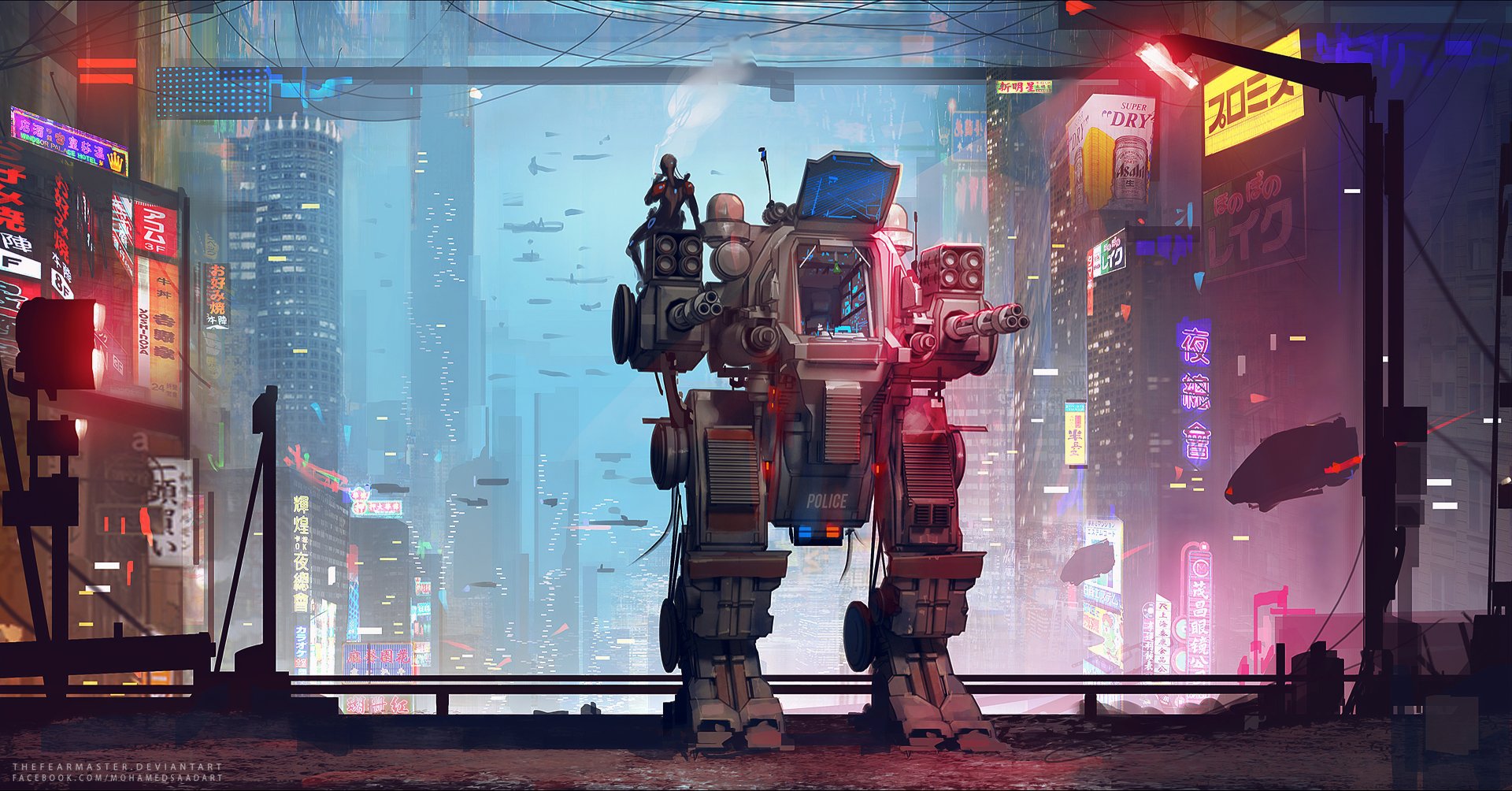 Futuristic sci-fi scene featuring a large, detailed robot standing in a neon-lit cityscape, captured in HD quality as a PC desktop wallpaper and background.