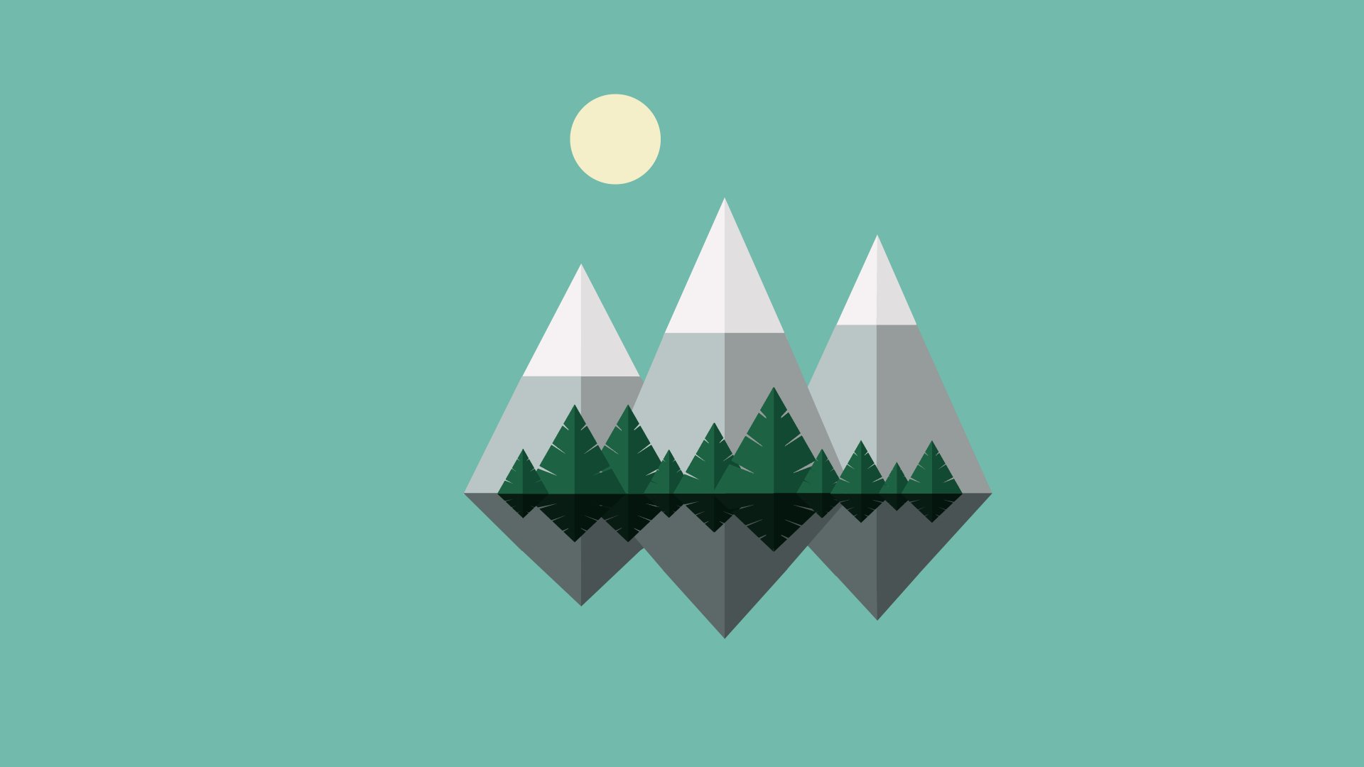 Minimalist artistic 8K Ultra HD PC desktop wallpaper: stylized mountains with mirrored peaks, a row of pine trees and a pale sun set against a muted teal background.