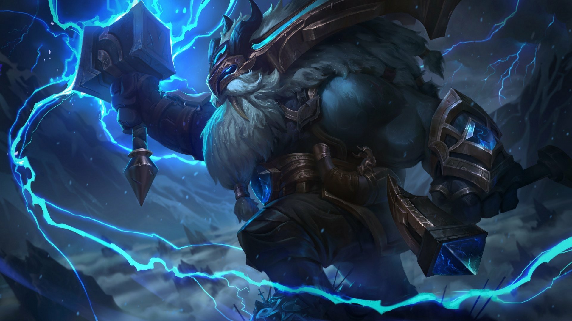 HD desktop wallpaper featuring Ornn from League of Legends, depicted with glowing blue lightning and a powerful, armored stance in a dynamic video game scene.