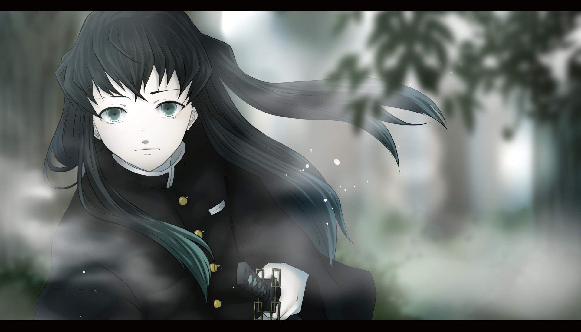 HD PC desktop wallpaper of Muichiro Tokito from the anime Demon Slayer: Kimetsu no Yaiba, featuring a misty forest background and his signature calm expression.