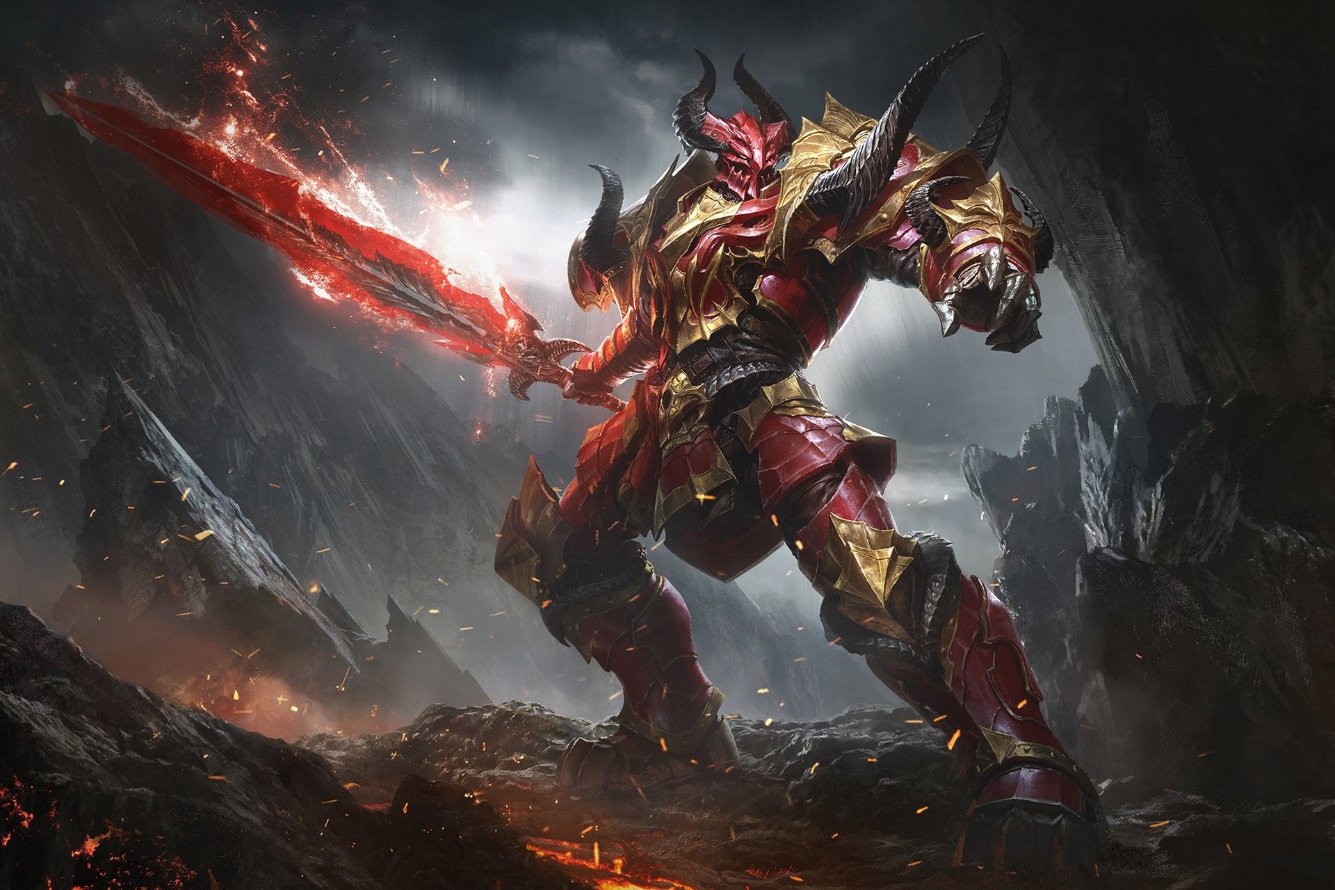 A fierce fantasy warrior in horned armor wields a blazing sword amidst a dark, rocky battlefield, captured in stunning HD for PC desktop wallpaper.