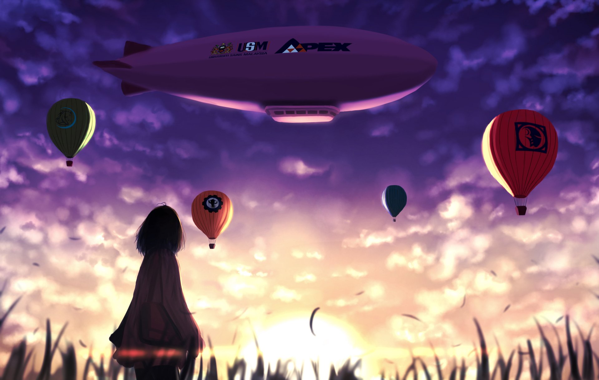 Anime-style 4K Ultra HD desktop wallpaper featuring a silhouette of a girl watching colorful hot air balloons and a blimp float against a vibrant sunset sky.