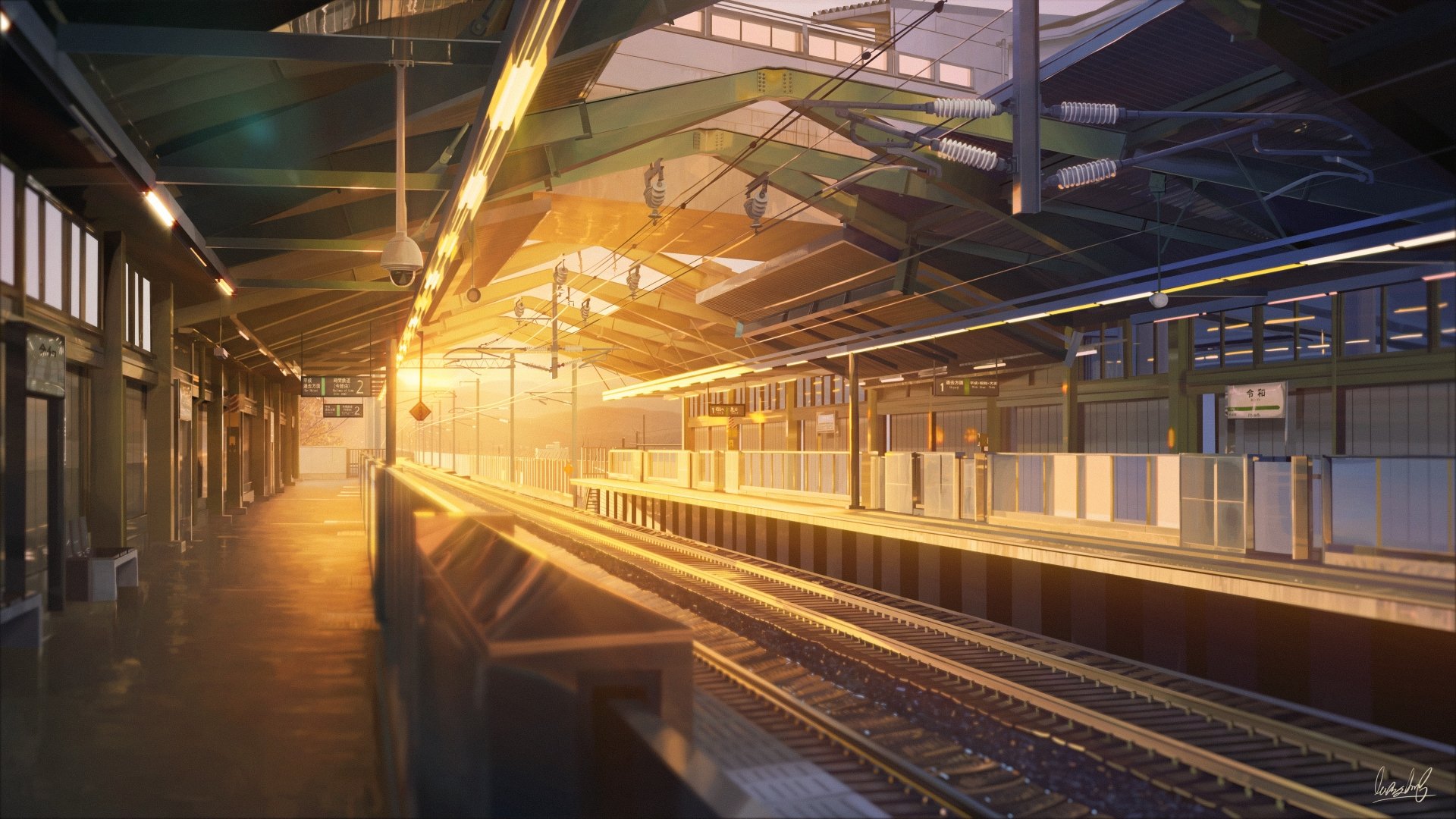 HD anime wallpaper of a tranquil train station bathed in a warm, golden sunset light, showcasing an empty platform and railway tracks.