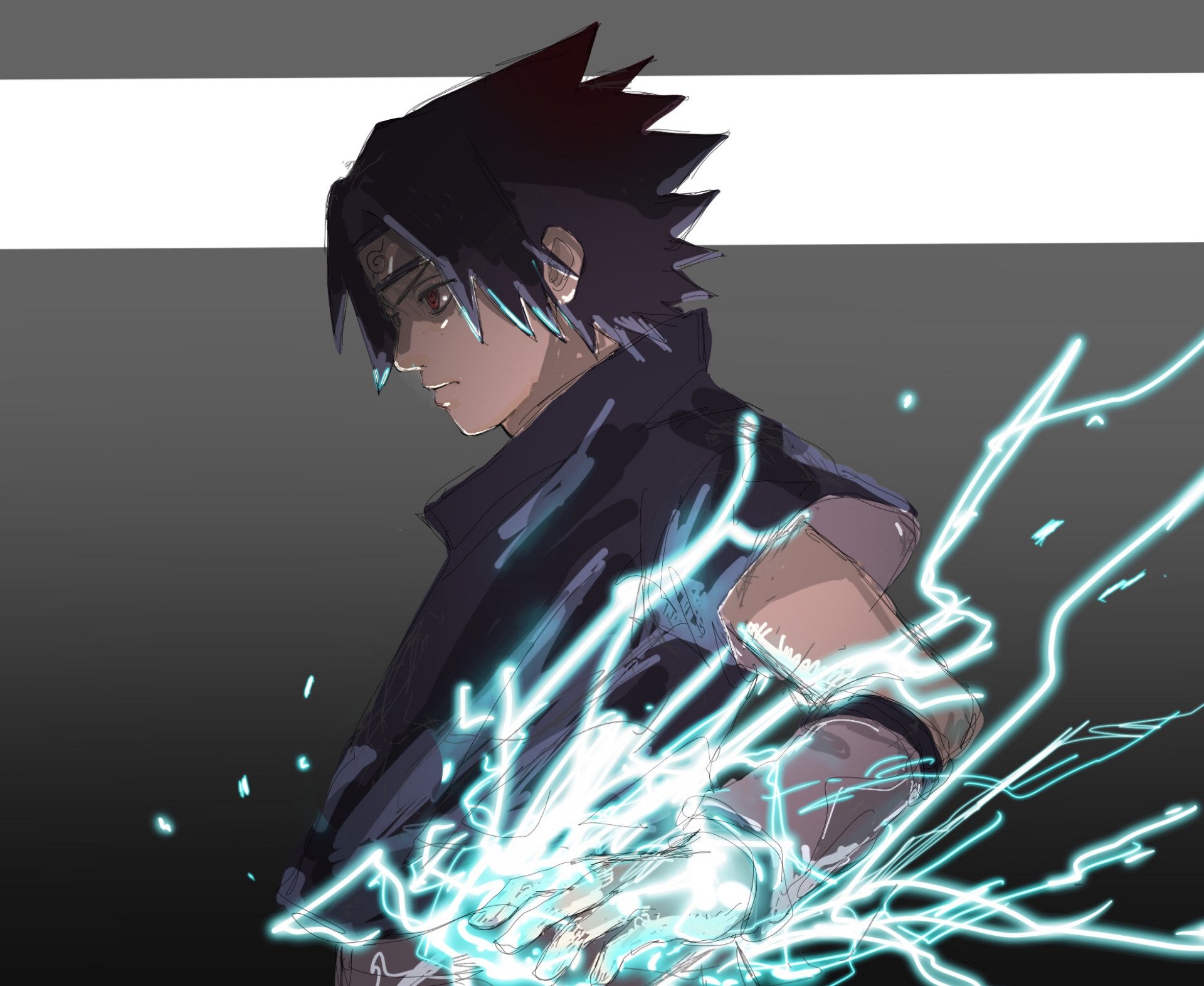 HD PC desktop wallpaper featuring Sasuke Uchiha from Naruto, depicted with intense expression and lightning effects highlighting his power in anime style.