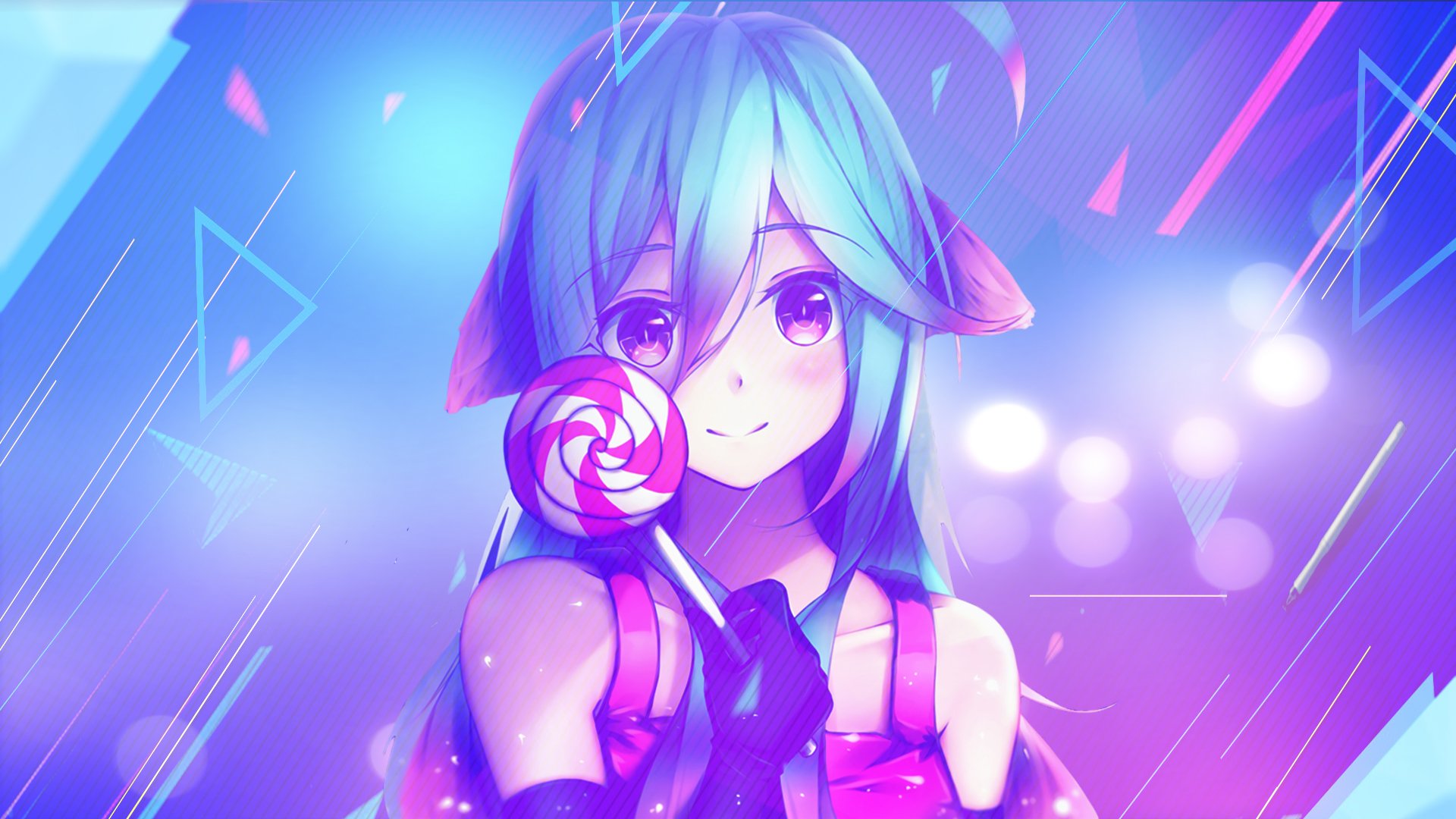 HD anime desktop wallpaper featuring an original character with long blue hair, holding a colorful lollipop, set against a vibrant, abstract background with geometric shapes and glowing lights.