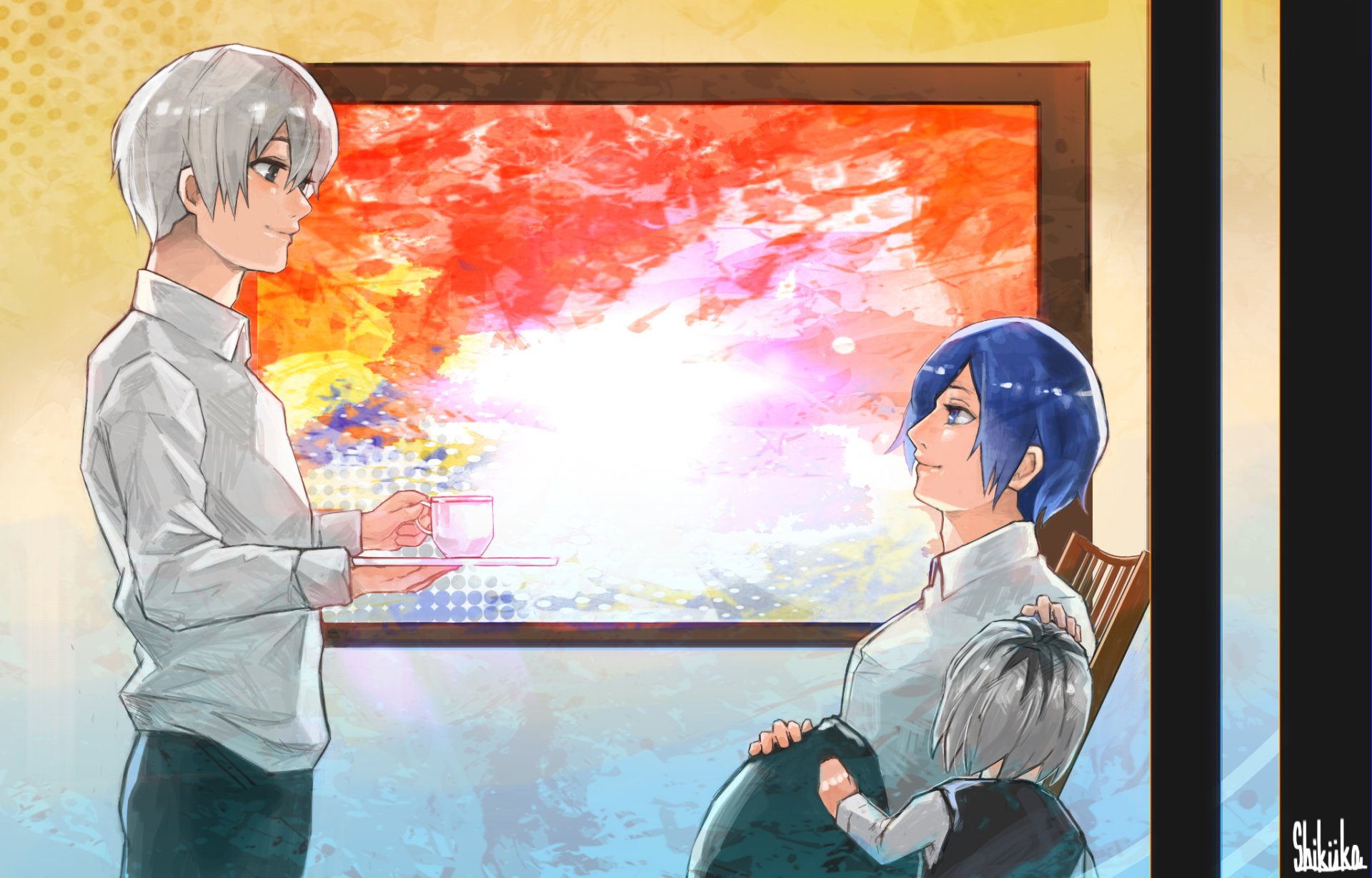 HD anime wallpaper featuring Ichika Kaneki, Touka Kirishima, and Ken Kaneki from Tokyo Ghoul:re, with a vibrant orange and pink sky framed by a window.