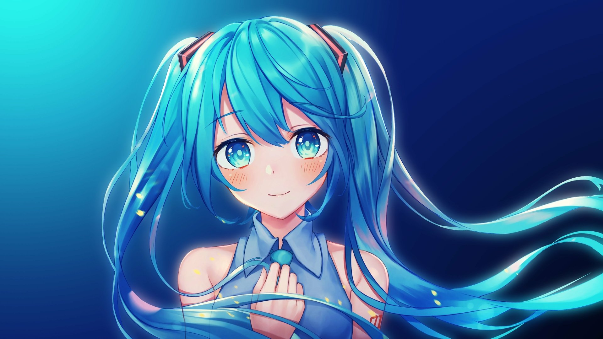 HD desktop wallpaper featuring Hatsune Miku, an iconic Vocaloid character, in anime style with her signature long blue hair and vibrant eyes against a dark blue background.