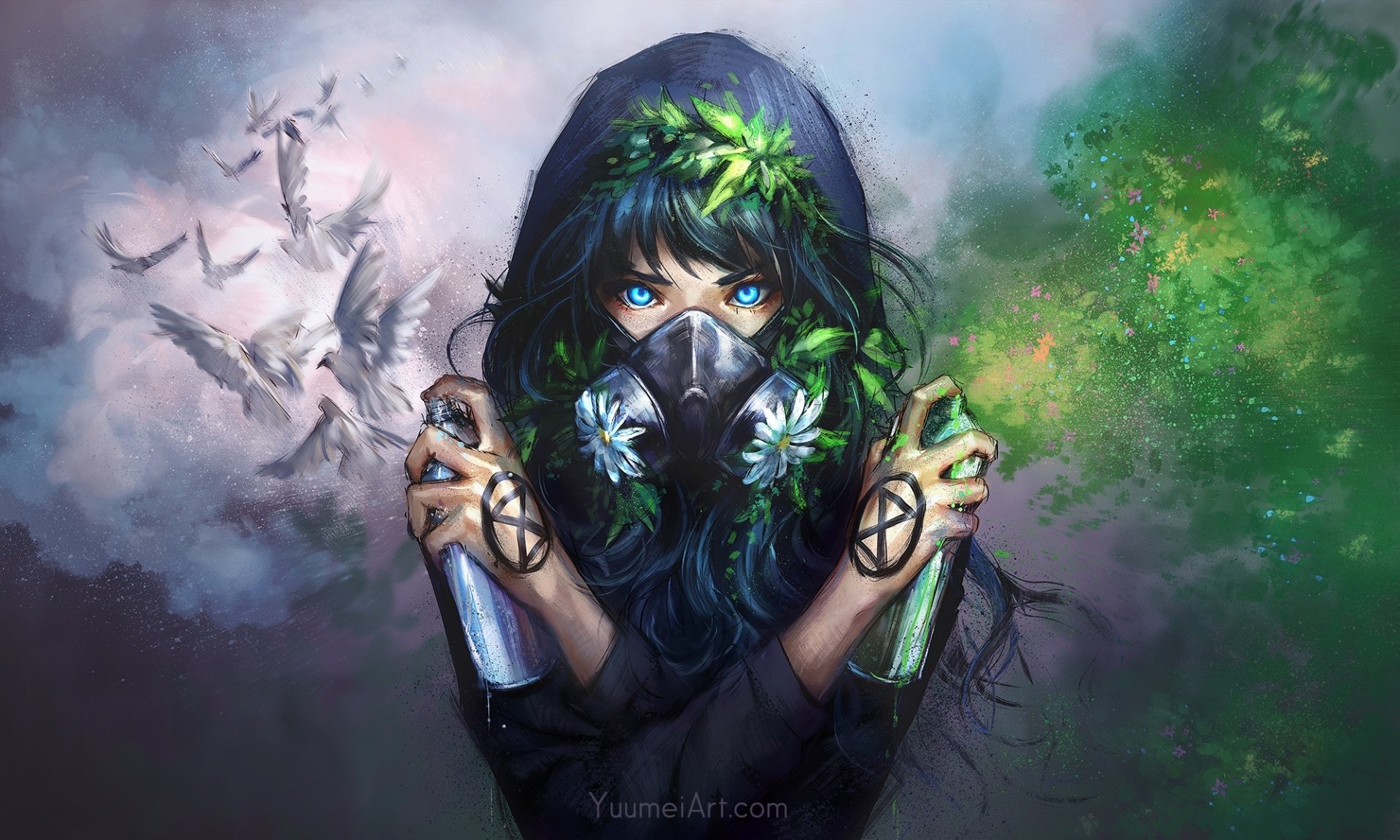 HD anime wallpaper featuring an original character with blue eyes, masked face, holding spray paint cans, and surrounded by nature elements and doves.