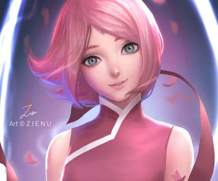 HD anime desktop wallpaper featuring Sakura Haruno from Boruto with vibrant pink hair and striking green eyes against a glowing background.