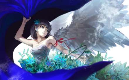 HD anime angel wallpaper featuring a short-haired figure with blue eyes, a floral bow, and large white wings surrounded by vibrant flowers and glowing light.