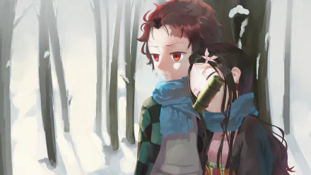 Nezuko and Tanjiro Kamado from Demon Slayer: Kimetsu no Yaiba stand together in a snowy forest, wrapped in scarves, showcasing a beautiful 4K Ultra HD anime art style.