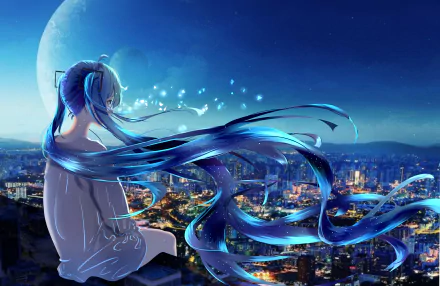 A 4K Ultra HD anime wallpaper featuring Hatsune Miku with long, flowing blue hair sitting above a glowing cityscape under a large moon.