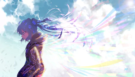 HD desktop wallpaper featuring Hatsune Miku from the Vocaloid series in an anime style. Miku stands against a vibrant sky with clouds, her hair flowing with colorful, abstract elements.
