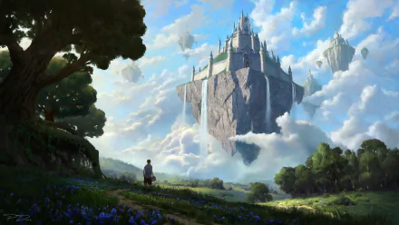 HD fantasy landscape wallpaper featuring a majestic castle atop a floating island with waterfalls, surrounded by lush greenery and a vibrant sky.
