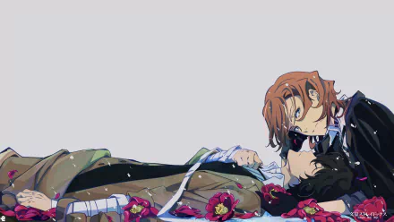 HD anime desktop wallpaper featuring Osamu Dazai and Chuuya Nakahara from Bungou Stray Dogs, lying amidst scattered red flowers on a light grey background.
