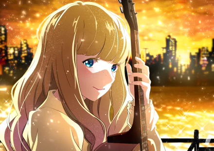 HD desktop wallpaper of Tuesday from the anime Carole & Tuesday, featuring her with blonde hair, blue eyes, and a serene expression against a vibrant sunset cityscape.