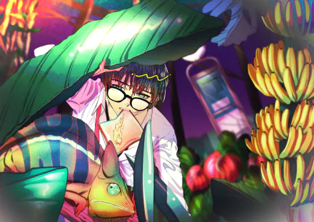 Anime original 4K Ultra HD PC desktop wallpaper: brown-haired, blue-eyed character with glasses peeks from banana leaves beside bunches of bananas and lush, colorful tropical plants.