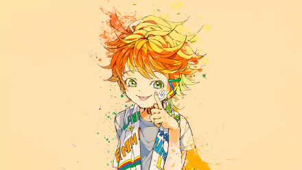 HD wallpaper featuring Emma from The Promised Neverland (Yakusoku no Neverland). The anime character is depicted with a playful smile, against a vibrant, colorful background.