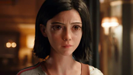 HD wallpaper featuring Alita from the movie Alita: Battle Angel, showcasing her black hair and brown eyes in a close-up shot.