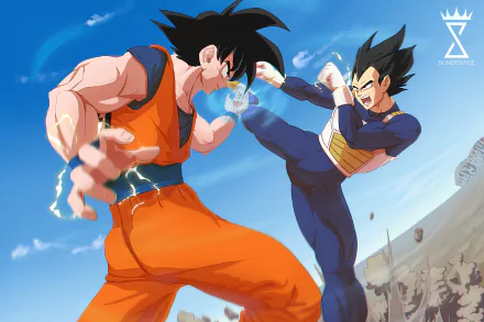 Goku and Vegeta clash midair—Vegeta's kick meets Goku's guard in a dynamic Dragon Ball Super anime battle; high-detail 8K Ultra HD PC desktop wallpaper background.