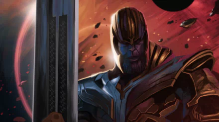 HD PC desktop wallpaper featuring Thanos from the movie Avengers EndGame, set against a cosmic, fiery background.
