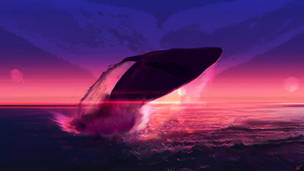 Fantasy whale (mammal) breaches from a neon ocean at vivid sunset, splashing pink and purple light — 2K Quad HD PC desktop wallpaper/background.