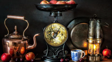 HD PC desktop wallpaper still life photography: antique scale holding apples, cherries scattered, brass teapot, blue teacup, lit lantern and rustic plates.