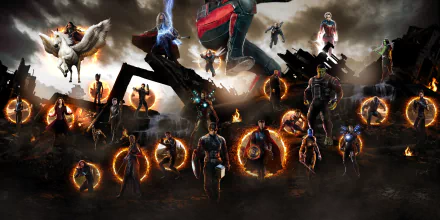 HD desktop wallpaper and background of Avengers EndGame, featuring all key characters in a dramatic battle scene with mystical portals and a desolate, smoky atmosphere.