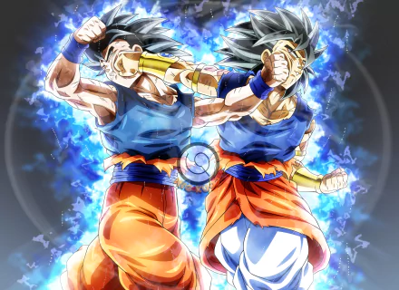 2K Quad HD anime wallpaper of Ultra Instinct Goku (black hair) from Dragon Ball Super, mirrored fighting poses with crackling blue aura on a dynamic PC desktop background.