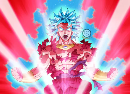 Broly (Dragon Ball) as Super Saiyan Blue, screaming with crackling blue aura and red energy flares — Dragon Ball Super rage anime 2K Quad HD desktop wallpaper.
